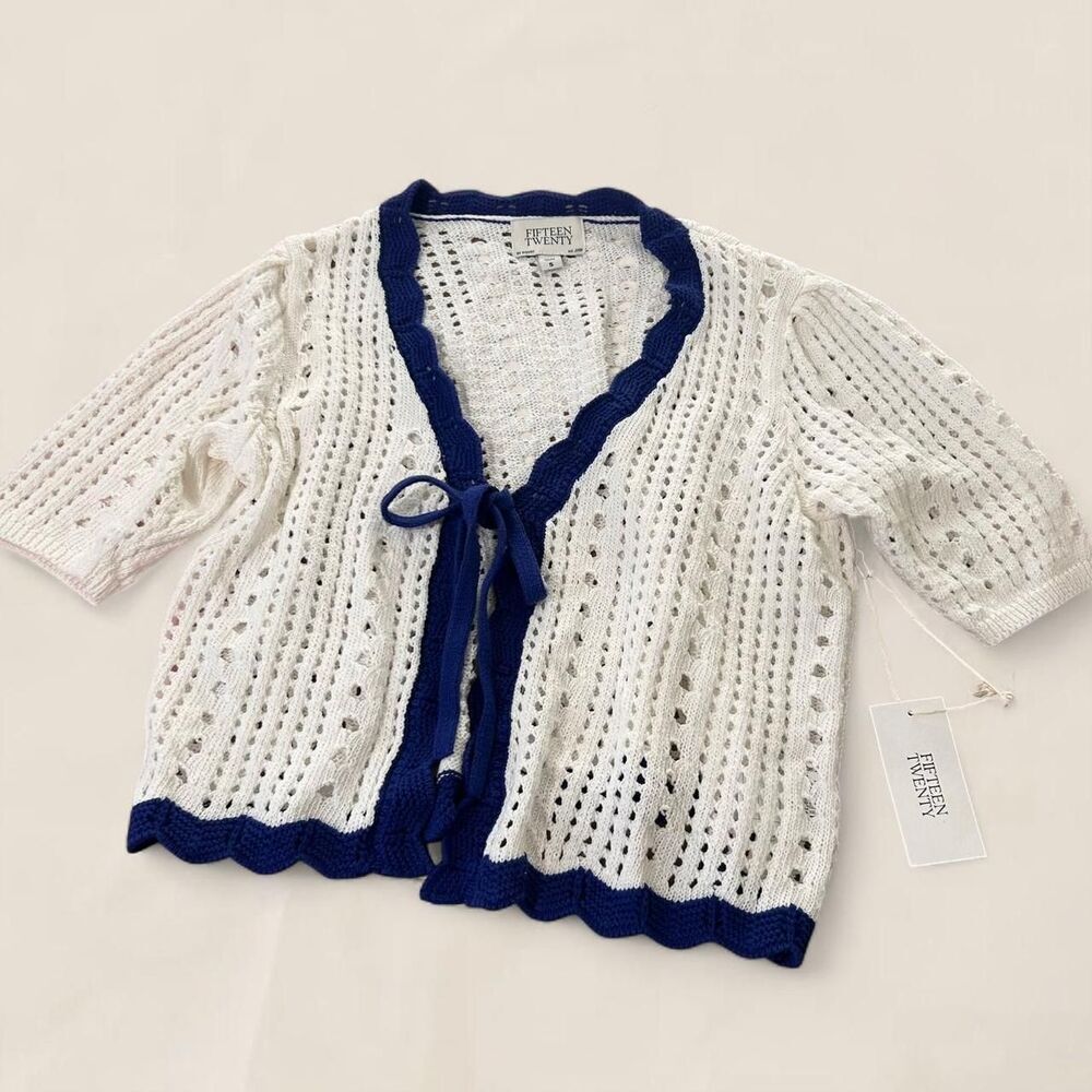 Fifteen Twenty Open Stitch Bow Cotton Cardigan crotchet top | size small cottage - Picture 2 of 6